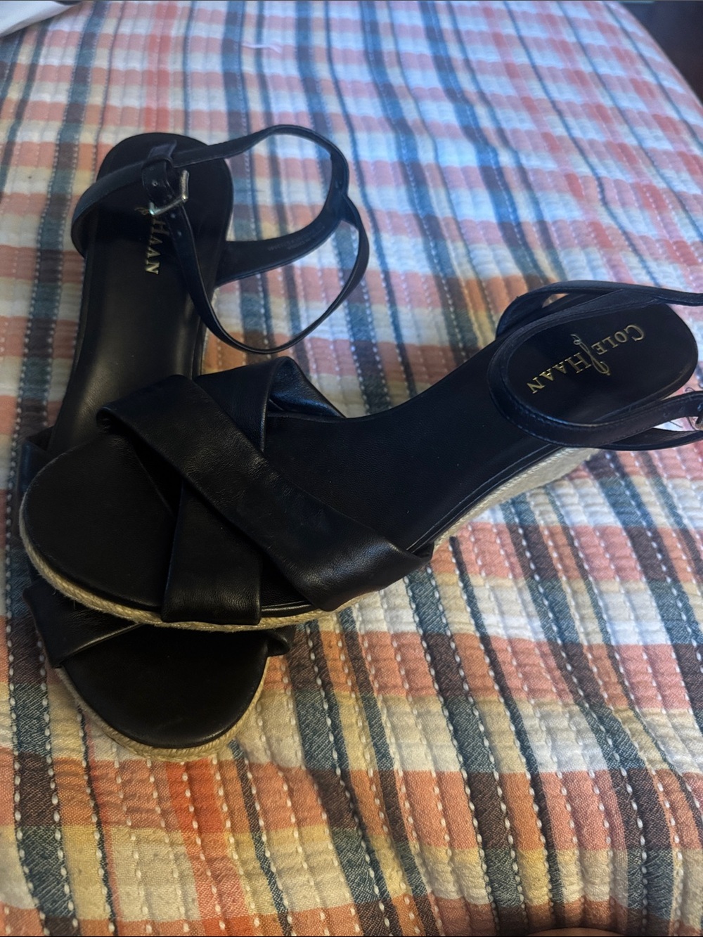 Cole Haan Black Leather Wedge Espadrille Sandals with Ankle Strap
